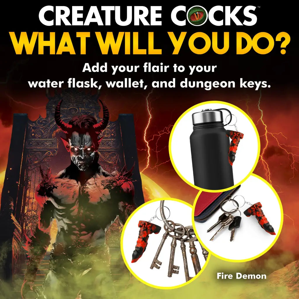 Fire Demon Mini Dildo Key Chain: Demon with horns and glowing eyes in fiery background