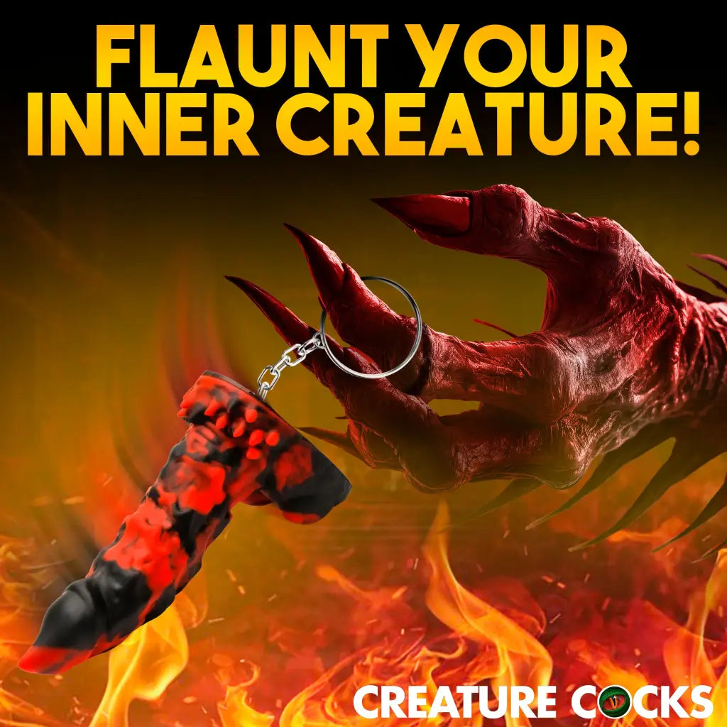 Demon red claw holding a Fire Demon Mini Dildo Key Chain with flame-patterned charm