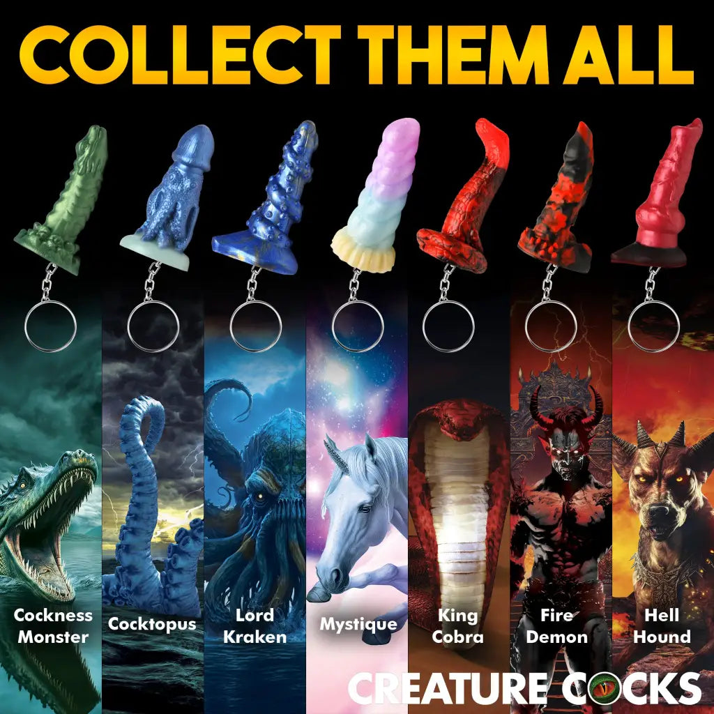 Collection of colorful, fantasy-themed Fire Demon Mini Dildo Key Chain novelties