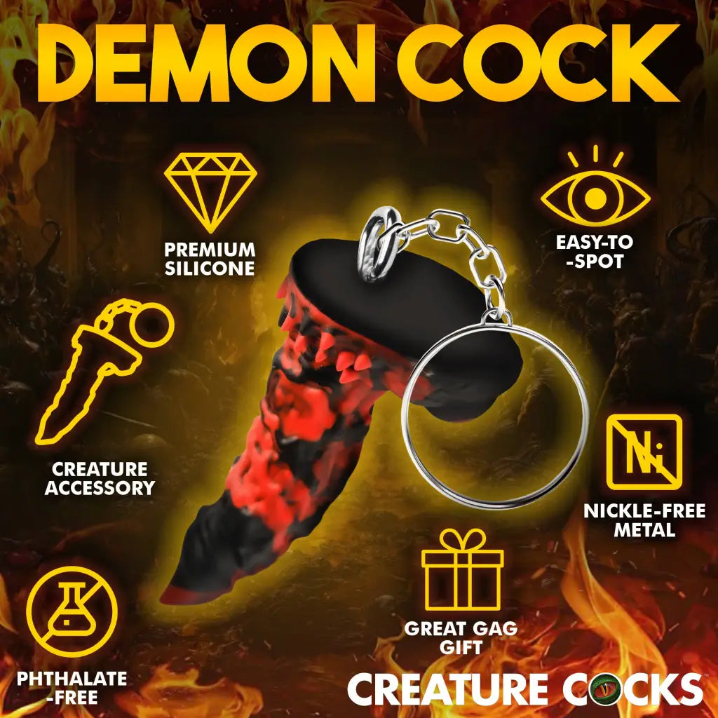 Fire Demon Mini Dildo Key Chain: Red and black demon-themed silicone phallus keyring