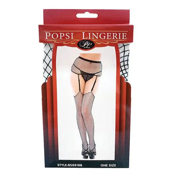 Close-up of fishnet garter pantyhose on woman, from box of Fishnet Garter Pantyhose O/s