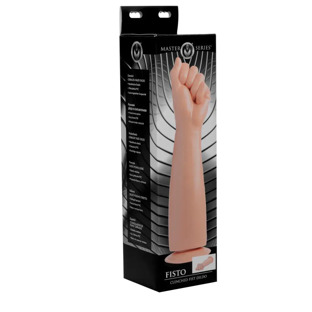 Close-up of Fisto Clenched Fist Dildo: pink plastic hand holding a black box