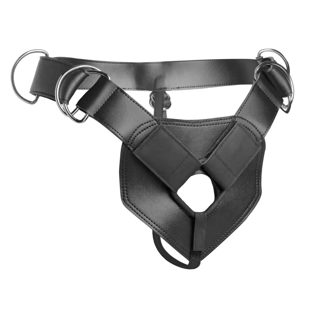 Heavy duty black leather strap-on harness with metal rings and adjustable straps