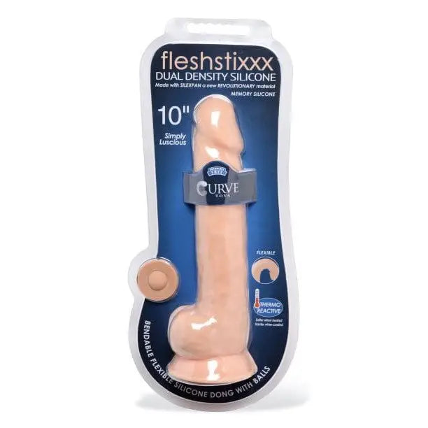 Fleshstixxx 10’ silicone dildo with balls in retail packaging, flesh-colored adult toy