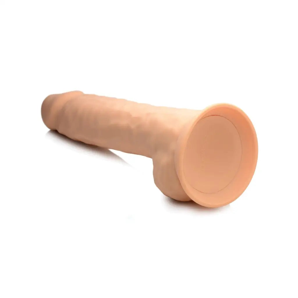 Fleshstixxx 10in silicone dildo with balls, flesh-colored and flared base for realism