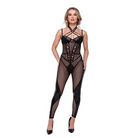 Flirty Fetish Fishnet & Faux Leather Catsuit W/satin Trim Black - Large - Bodysuit