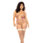 Floral Embroidered Teddy w/Underwire Cup & Garters Pink - 1X/2X - Lingerie - Plus/queen - Packaged