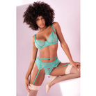 Floral Lace Bra Garter Belt & Panty Aqua - Small/Medium - Lingerie Set