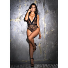 Woman in a black Floral Lace Deep V Bodysuit showcasing elegant lingerie fashion