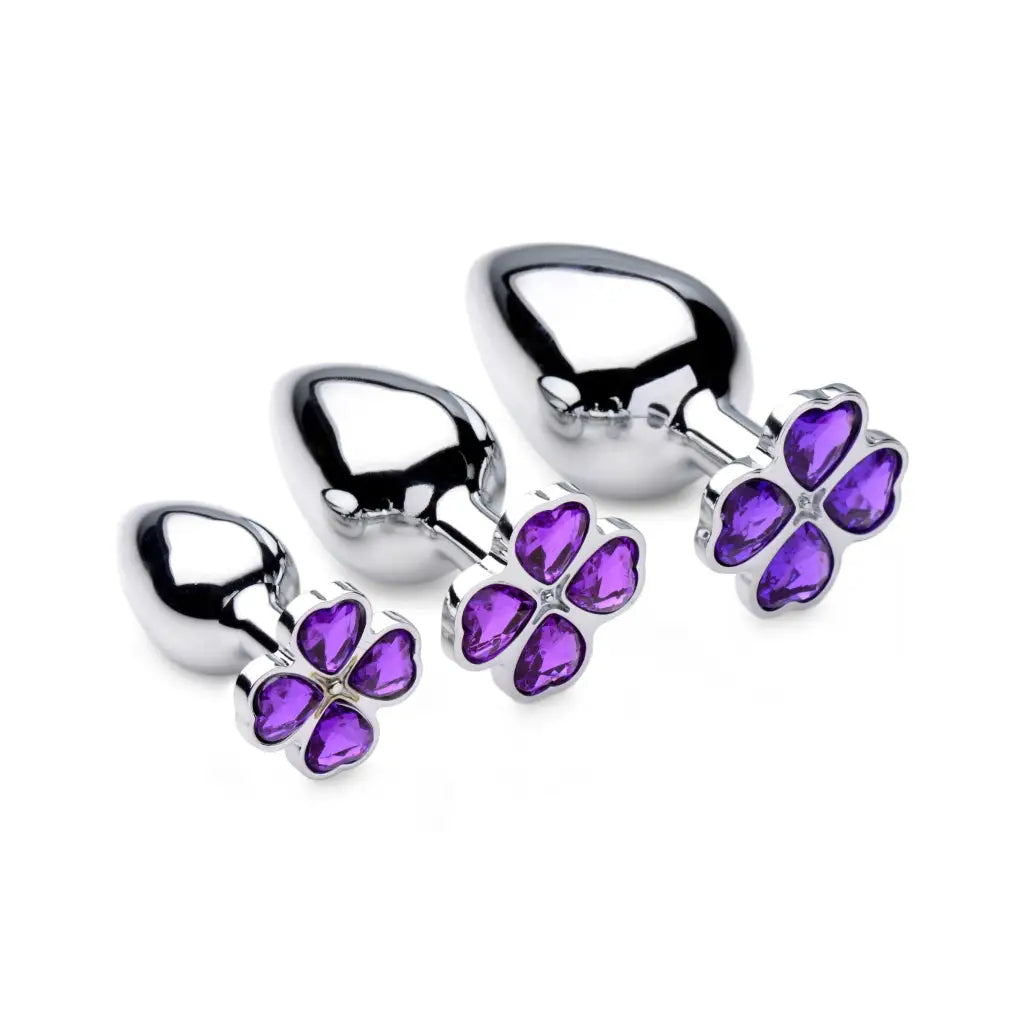 Booty Sparks Flower Hearts Anal Plug Set with purple jeweled bases and inches insertable length