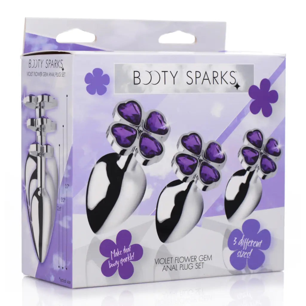 Booty Sparks Flower Hearts Anal Plug Set - Metal plugs with flower-shaped purple jewels