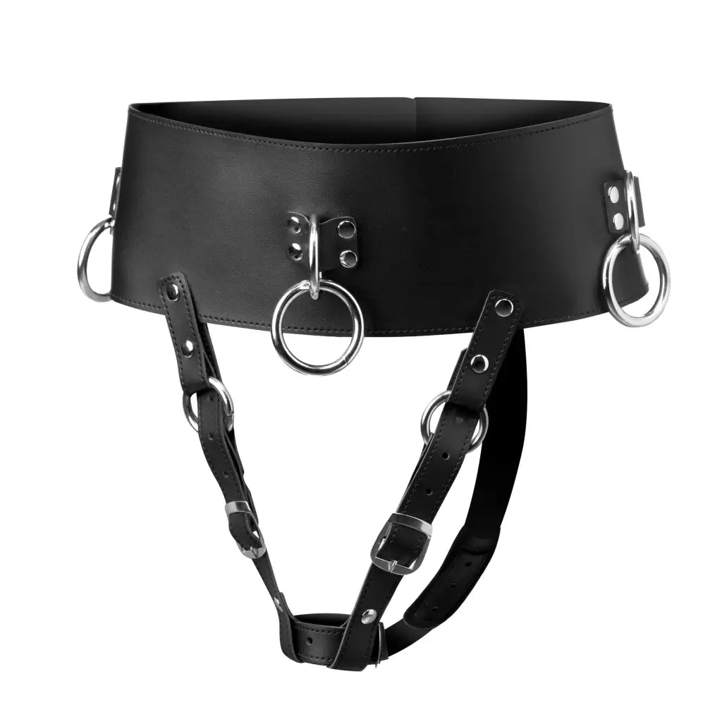 Black leather bondage collar with metal rings and straps for forced orgasm belt