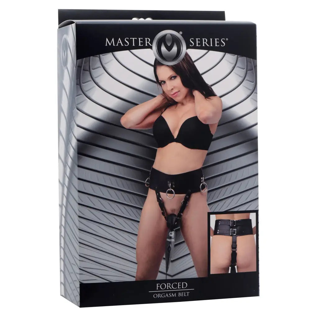 Product packaging for the Master Series Forced Orgasm Belt, an adult novelty item