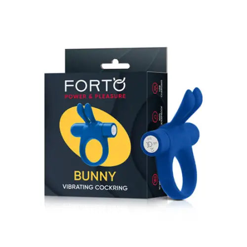 Forto Bunny Rechargeable Silicone Vibrating Cockring with Stimulating Ears - Blue - Cock Ring