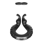 Unusual black silicone textured vibrating cockring with curved horns and floating ring