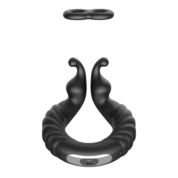 Unusual black silicone textured vibrating cockring with curved horns and floating ring