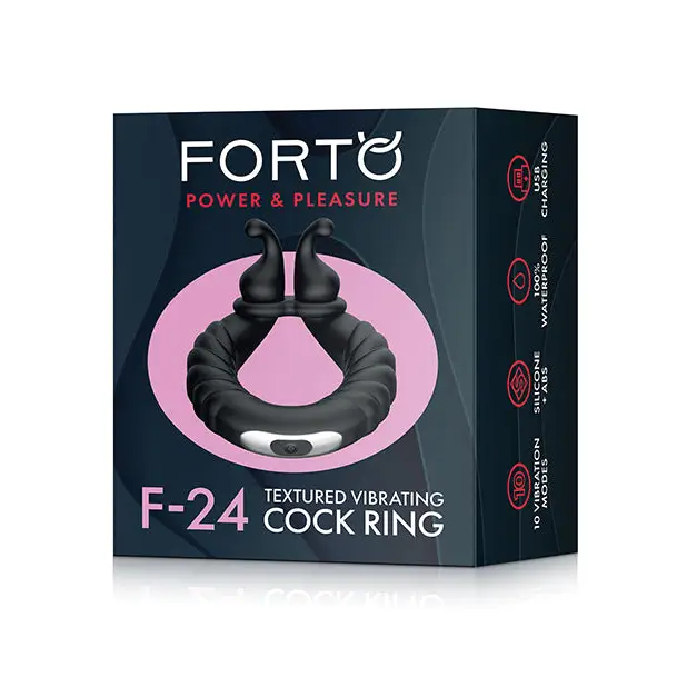 Forto F-24 Rechargeable Silicone Textured Vibrating Cock Ring in sleek black packaging