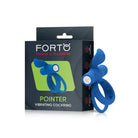 Forto Pointer Rechargeable Silicone Vibrating Dual Cockring with External Stimulator - Blue - Cock Ring