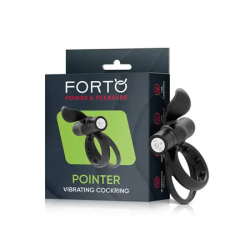 Forto Pointer Rechargeable Silicone Vibrating Dual Cockring with External Stimulator - Black - Cock Ring