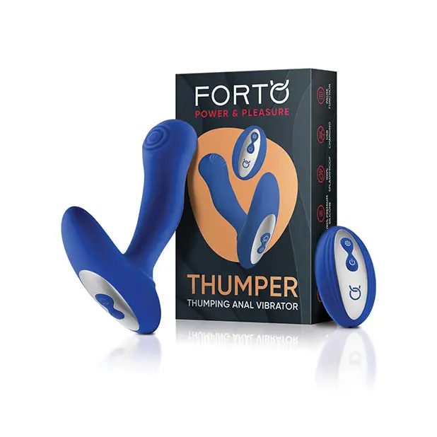 Forto Thumper Rechargeable Remote-Controlled Silicone Thumping Anal Vibrator - Blue - Powered Butt Plug