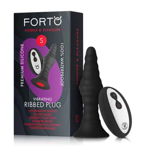 Forto Vibrating Ribbed Plug Rechargeable Remote-Controlled Silicone Anal Plug - Black / Small - Powered Butt Plug