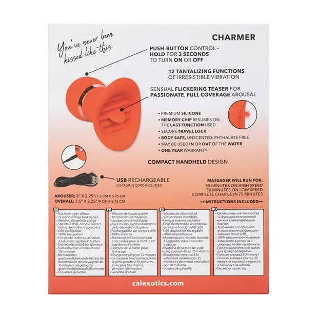 Clotis ear plugs, orange, displayed with French Kiss Charmer - Red product packaging