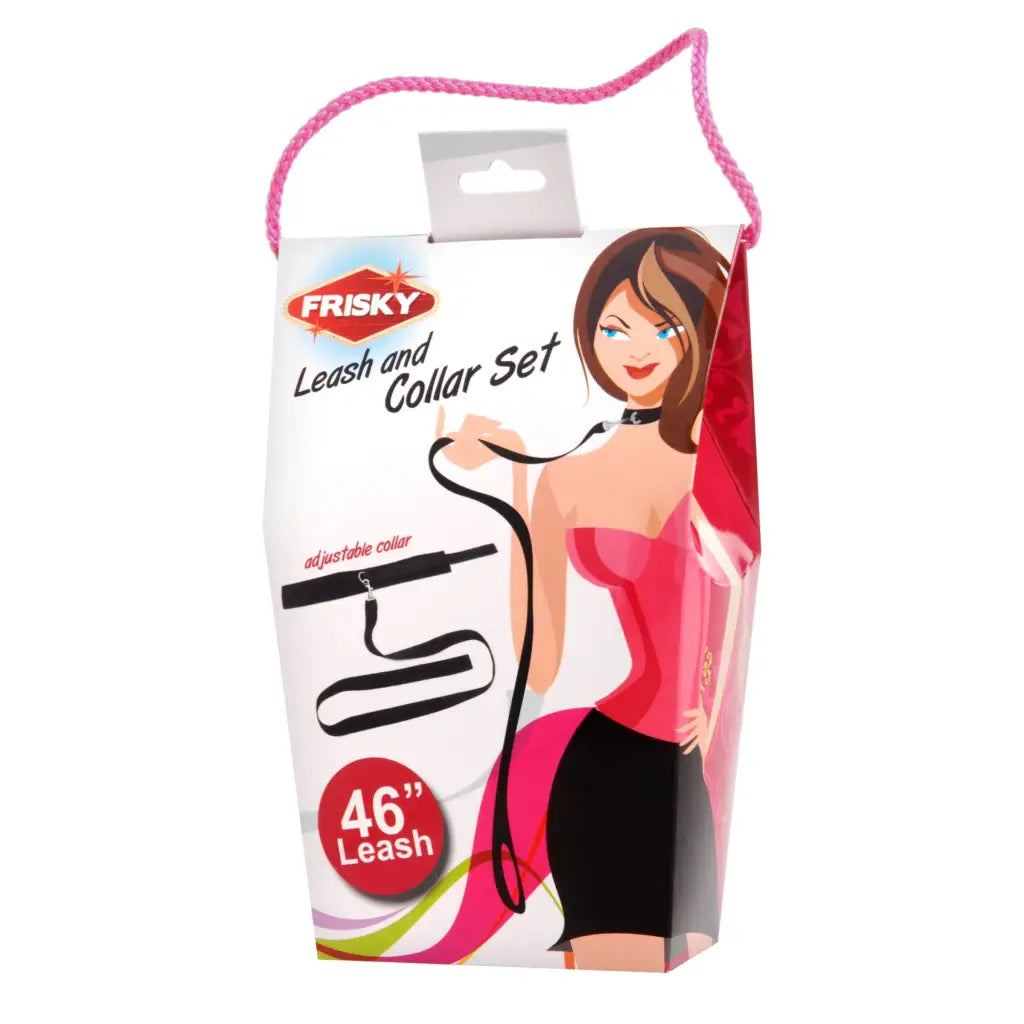 Frisky 46 Inch Leash and Collar Set packaged as an enticing adult novelty product