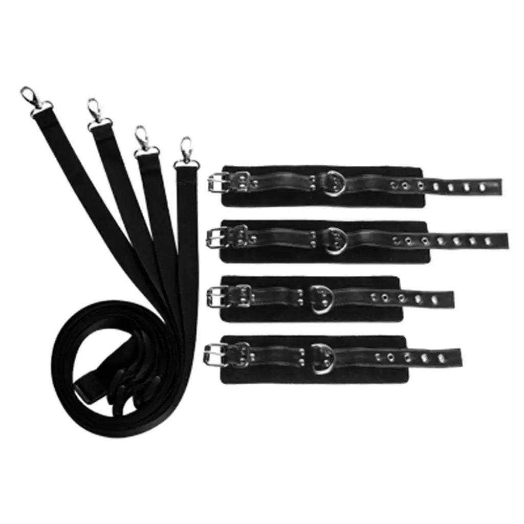 Frisky 8 Piece Restraint Set: Black leather restraints with metal buckle for secure play