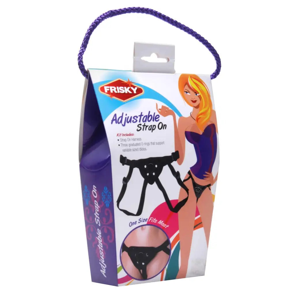 Frisky Adjustable Strap On Harness packaging featuring a cartoon woman illustration