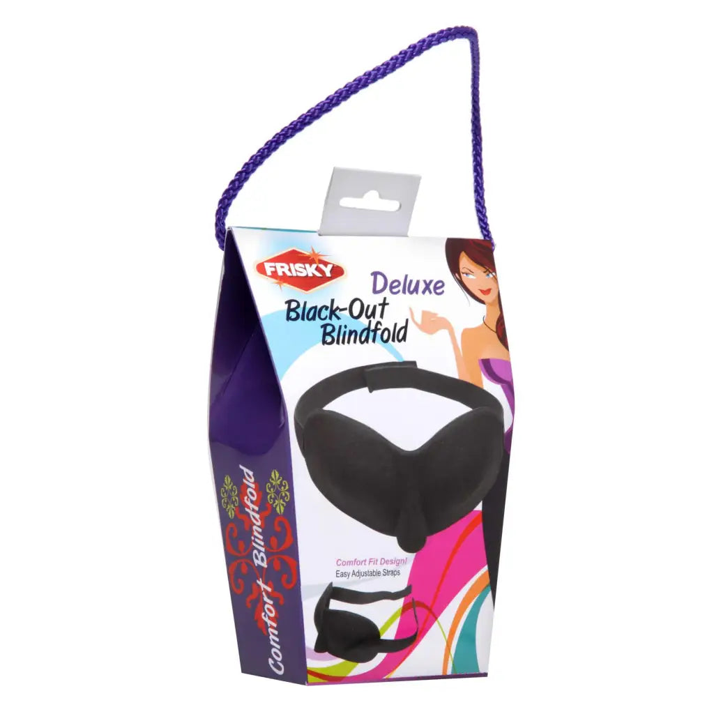 Frisky Deluxe Black Out Blindfold in retail packaging for total light-blocking comfort