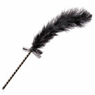 Decorative black Frisky Feather Tickler with striped handle and ribbon bow for playful fun