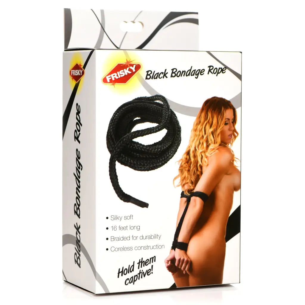 Frisky ’Flesh And Spirit’ black bondage rope in retail packaging with suggestive imagery