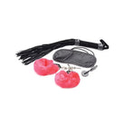 Frisky Passion Fetish Kit: BDSM accessories set with handcuffs, blindfold, flogger, pink restraints