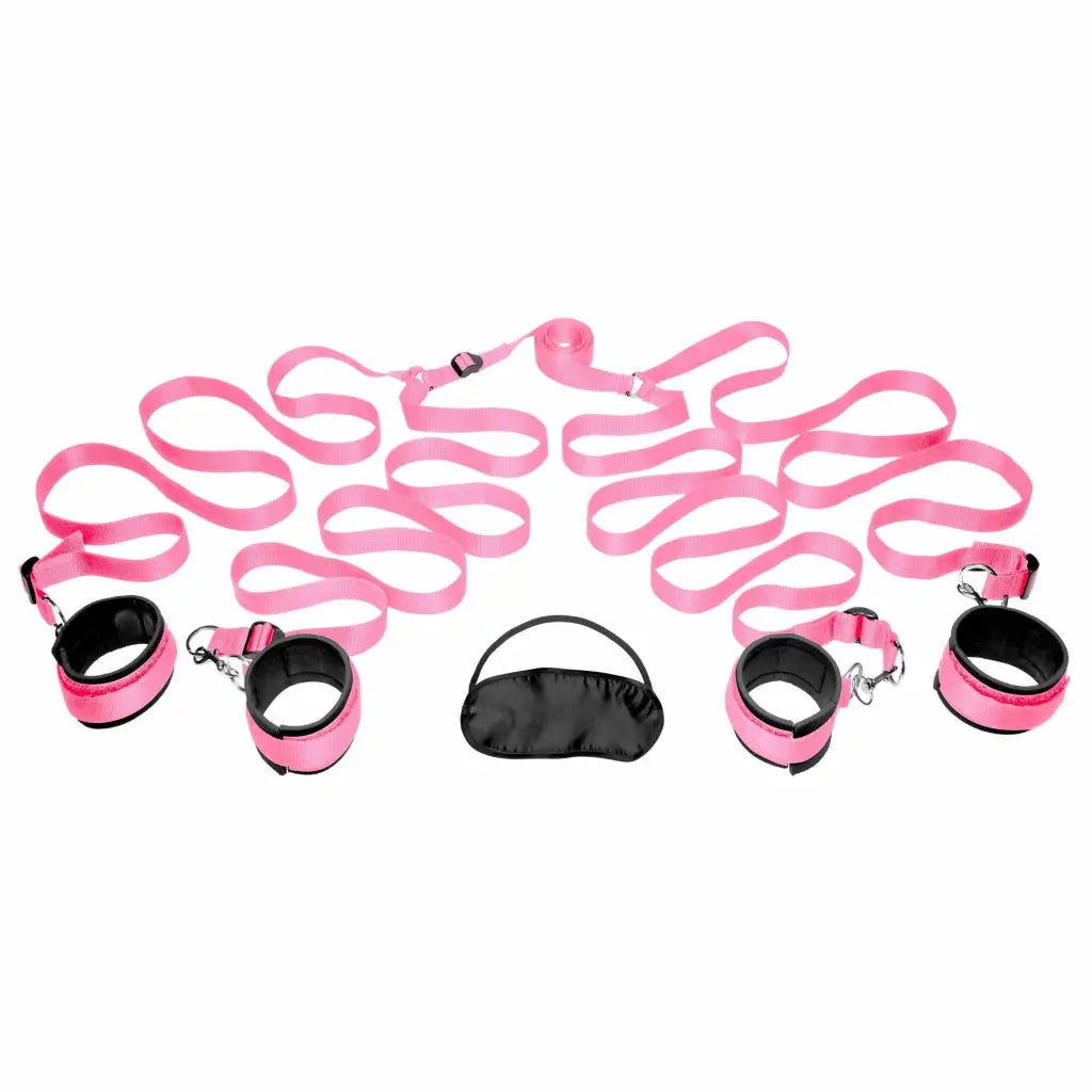 A set of pink and black restraints from the Frisky Pink Bedroom Restraint Kit