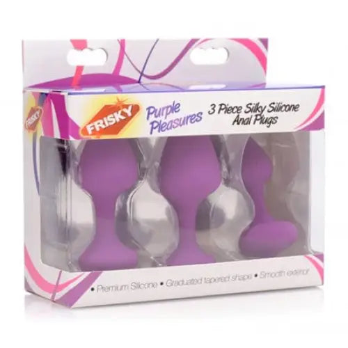 Frisky ’Purple Pleasures’ 3 Piece Silky Silicone Anal Plugs in retail packaging