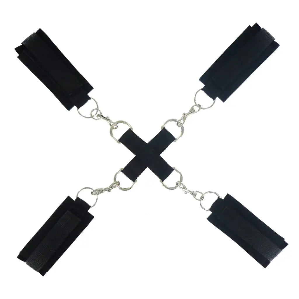 Black leather belt with a metal clasp from Frisky Stay Put Hog Tie Restraints, center hub design