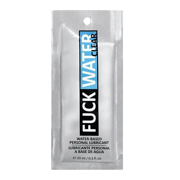 Single-use packet of Fuck Water Clear water-based lubricant, labeled ’Fuck Water Clear’