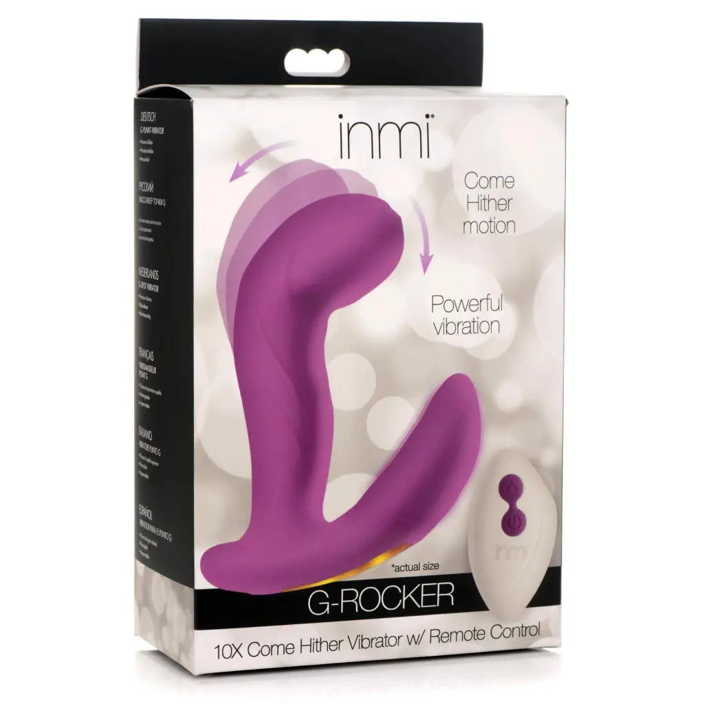 Close up of G-rocker 10x vibrator with remote control in clear package