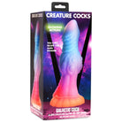 Colorful alien-themed silicone dildo with suction cup base, glow-in-the-dark feature