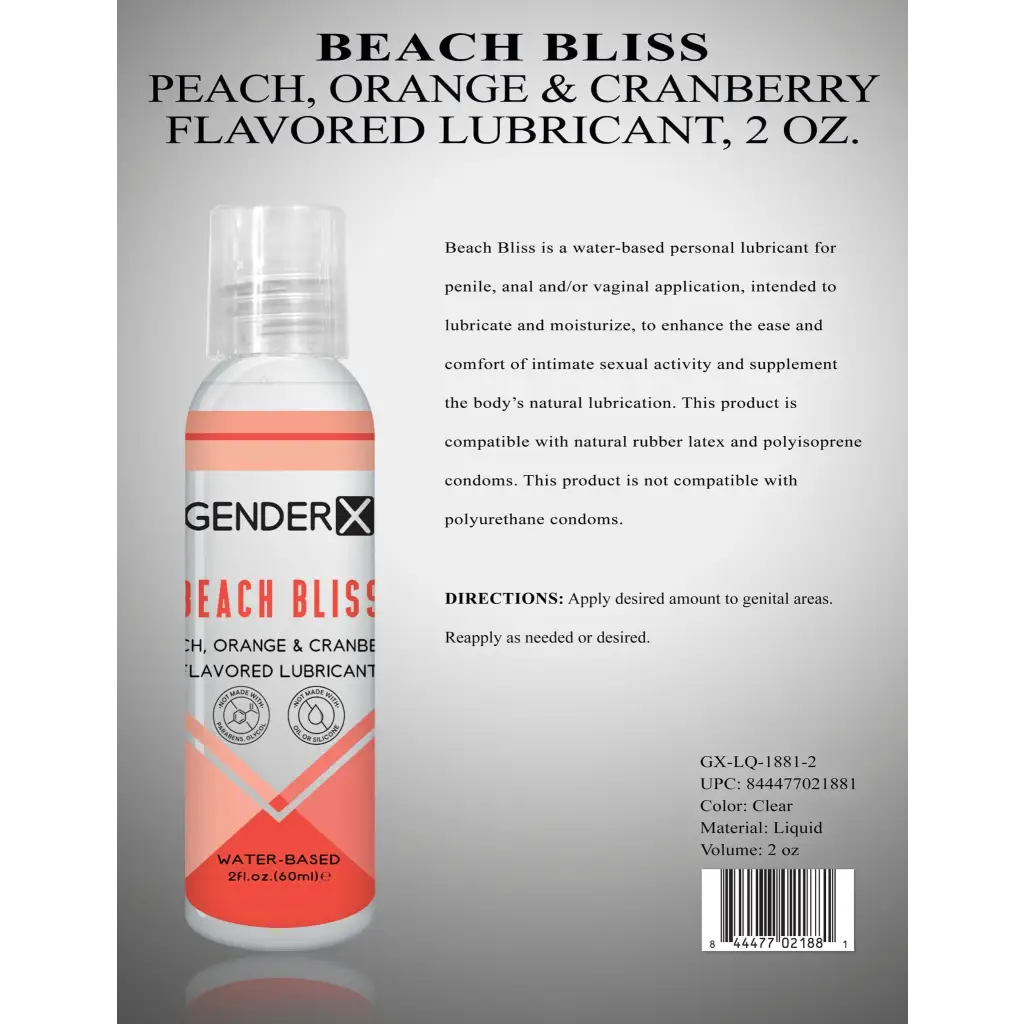 Gender X Lubricants and Toy Cleaners 2 Oz Gender X Beach Bliss Peach, Orange & Cranberry Flavored Water-Based Lubricant 2 oz. at the Haus of Shag