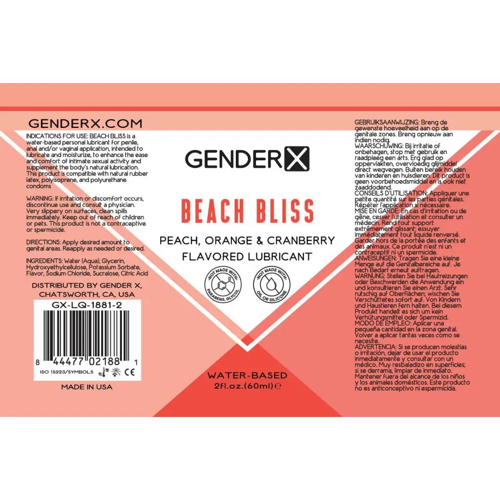 Gender X Lubricants and Toy Cleaners 2 Oz Gender X Beach Bliss Peach, Orange & Cranberry Flavored Water-Based Lubricant 2 oz. at the Haus of Shag