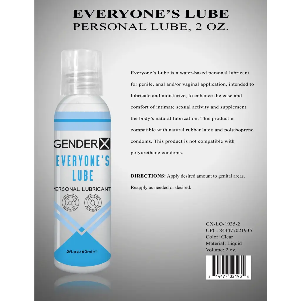 Label for Gender X Everyone’s Lube Water-Based Lubricant 2 oz