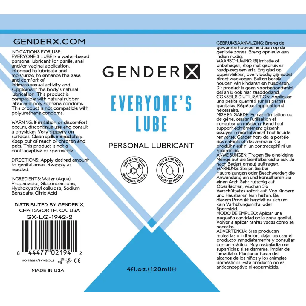 Gender X Lubricants and Toy Cleaners 4 Oz Gender X Everyone's Lube Water-Based Lubricant 4 oz. at the Haus of Shag