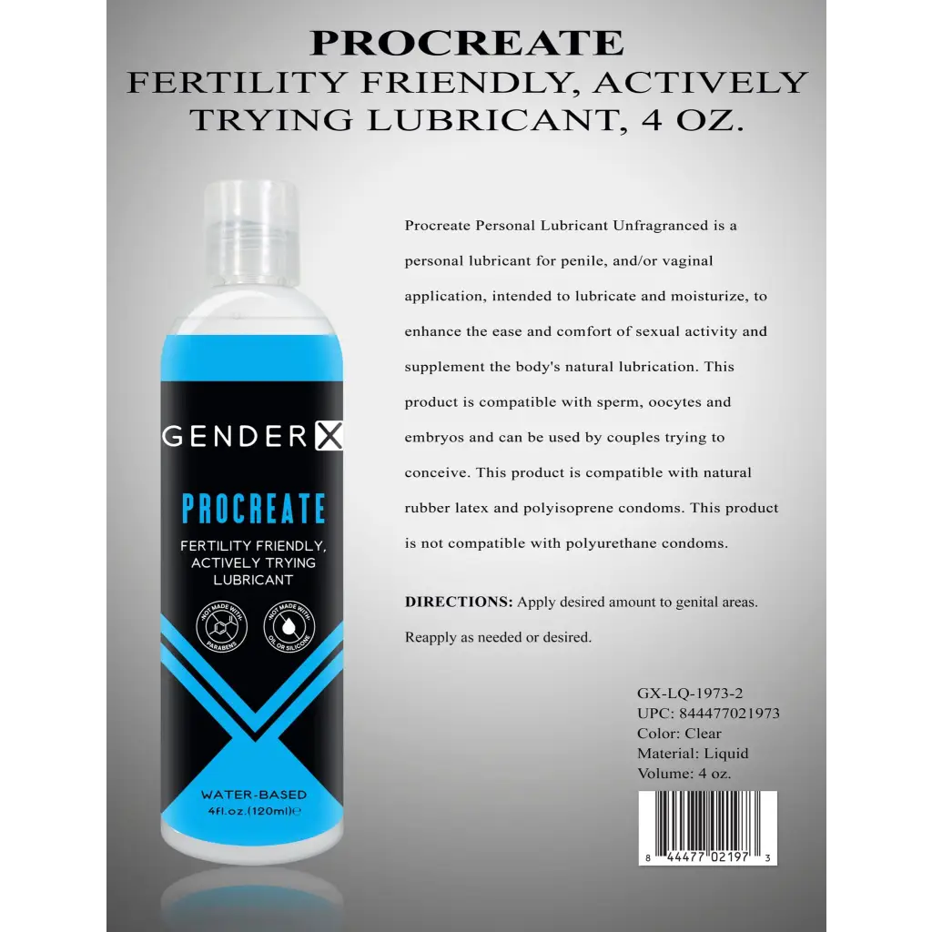 Gender X Lubricants and Toy Cleaners Gender X Procreate Fertility Friendly Water-Based Personal Lubricant 4 oz. at the Haus of Shag