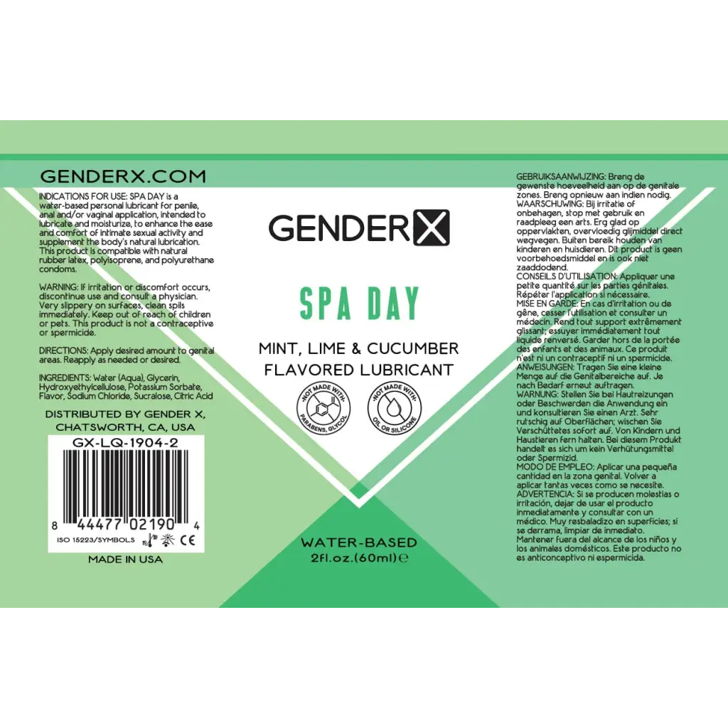 Gender X Lubricants and Toy Cleaners Gender X Spa Day Mint, Lime & Cucumber Flavored Water-Based Lubricant 2 oz. at the Haus of Shag