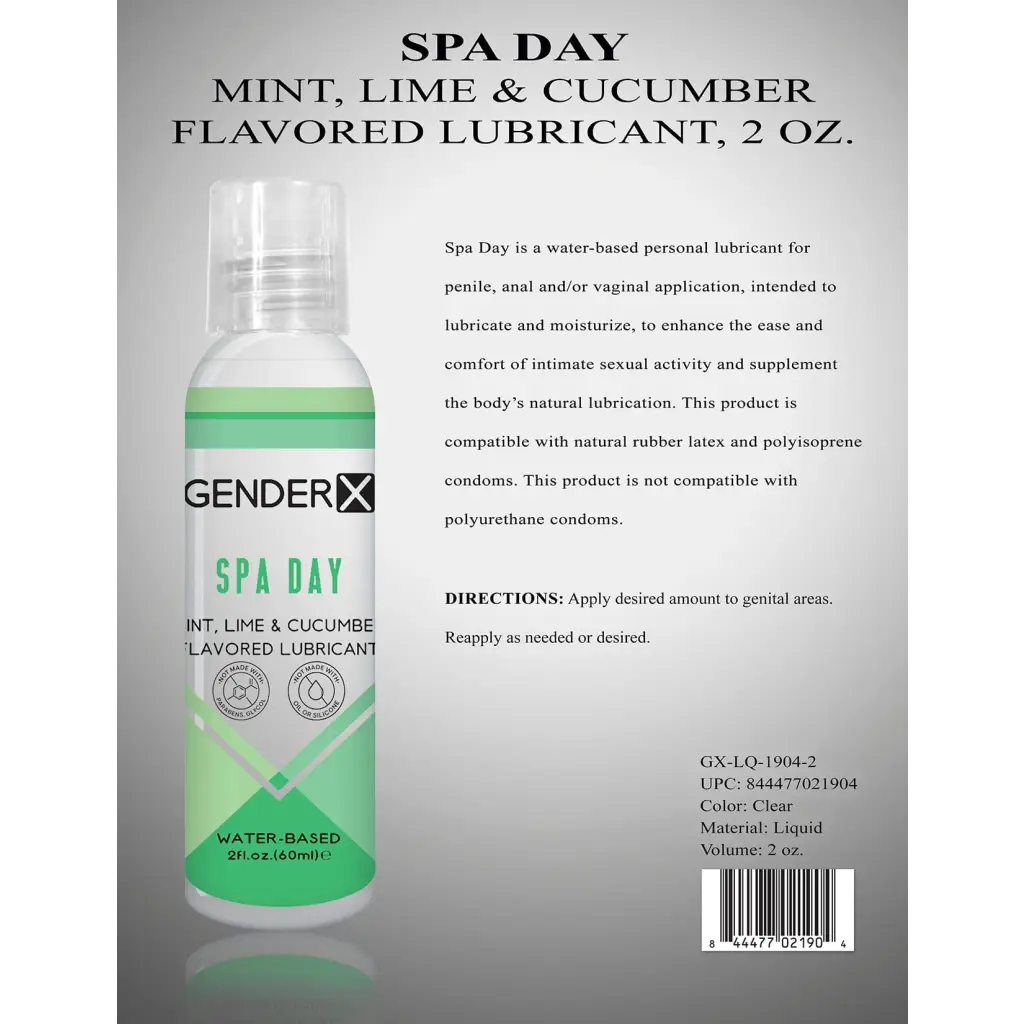 Gender X Lubricants and Toy Cleaners Gender X Spa Day Mint, Lime & Cucumber Flavored Water-Based Lubricant 2 oz. at the Haus of Shag