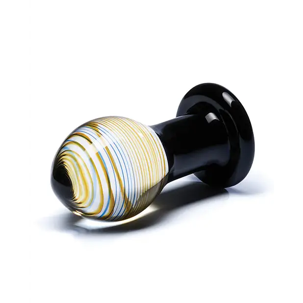 Glas 3.5 in. Galileo glass butt plug - Elegant black and yellow design on white background