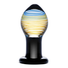 Galileo glass butt plug with yellow and blue striped design for unique pleasure experiences