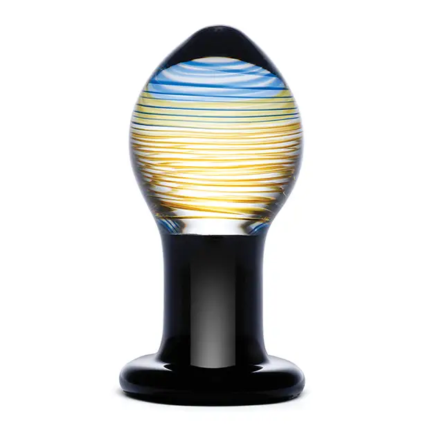 Galileo glass butt plug with yellow and blue striped design for unique pleasure experiences