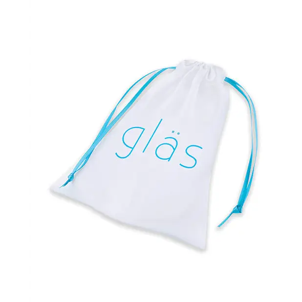 White drawstring bag with blue ribbon for Glas 3.5 in. Galileo Glass Butt Plug